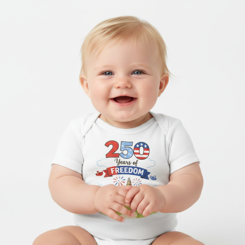 Bebé rubio con bodysuit 250 Years of Freedom
