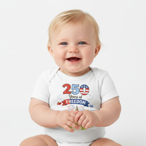 Bebé rubio con bodysuit 250 Years of Freedom