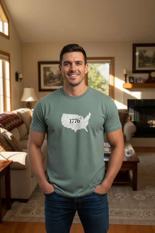 Hombre fornido solo en casa con camiseta 1776