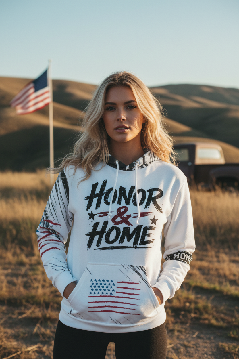 Honor & Home Hoodie — Modelo Femenina