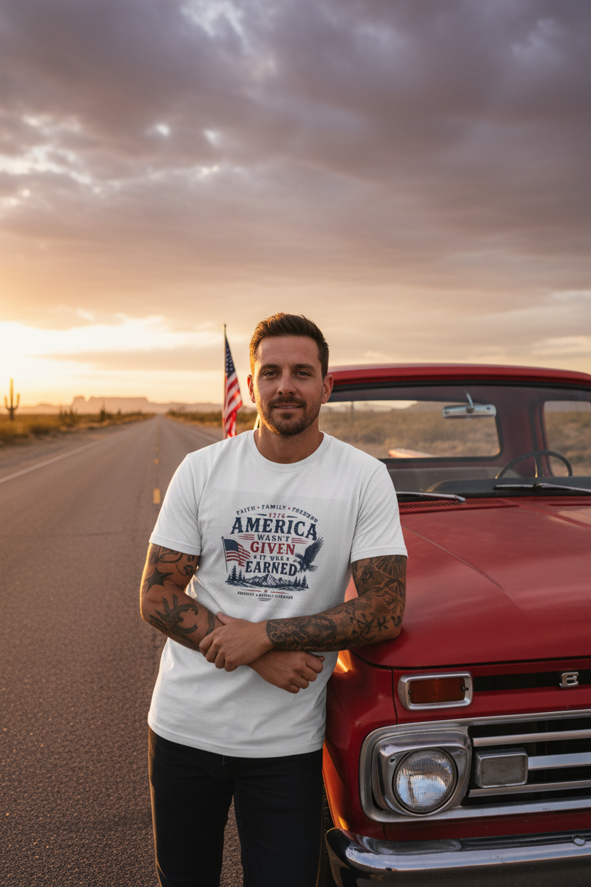 Proud American man leaning against a pickup truck wearing Freedom Was Earned Tee