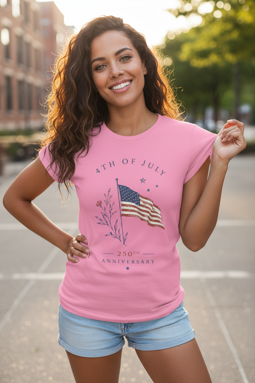 Beautiful mixed-race model with green eyes wearing the Women's 4th of July Patriotic T-Shirt