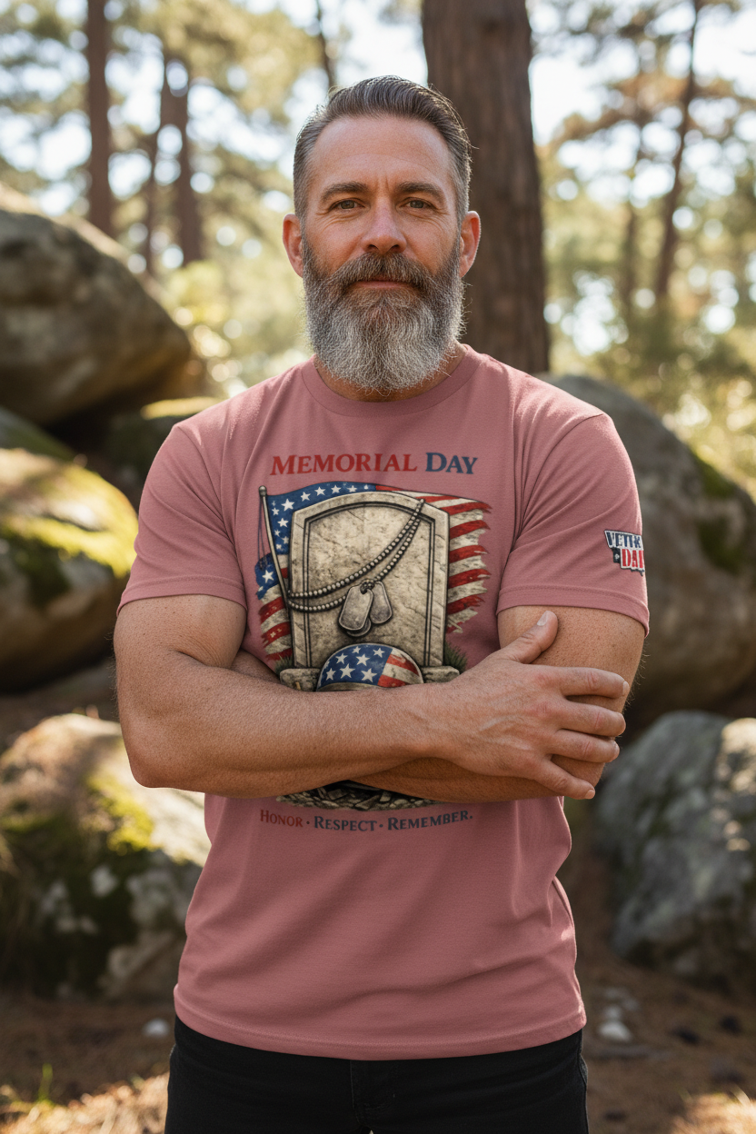Strong bearded American man wearing American Fitted Tee
