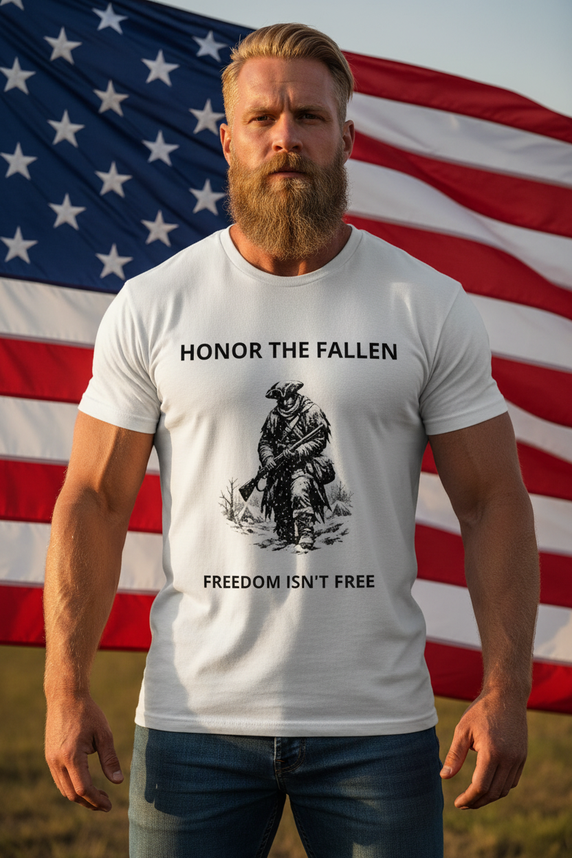 Strong blonde Viking American man wearing Patriot Heavyweight Tee with American flag background