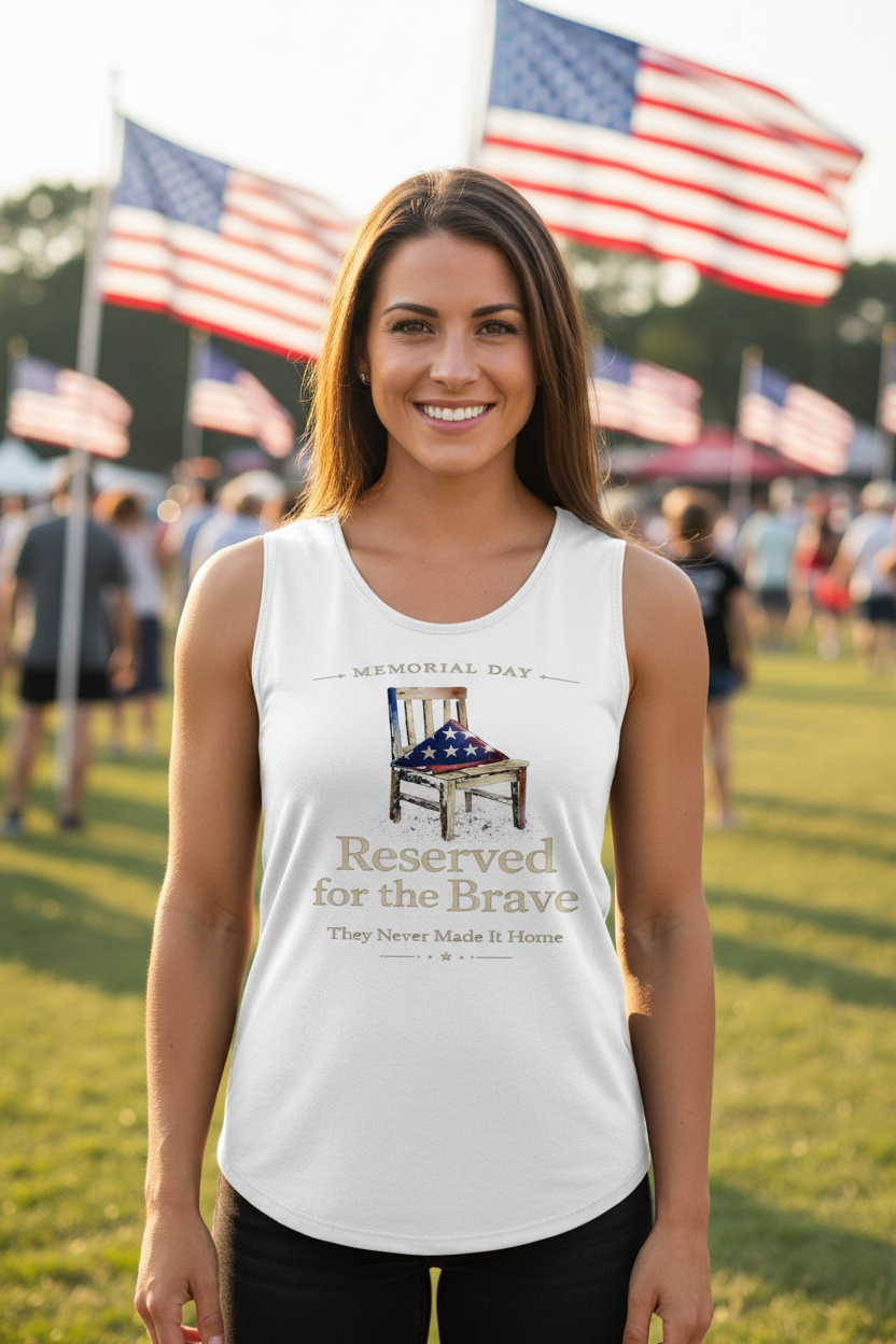 American woman wearing Liberty Muscle Tank outdoors