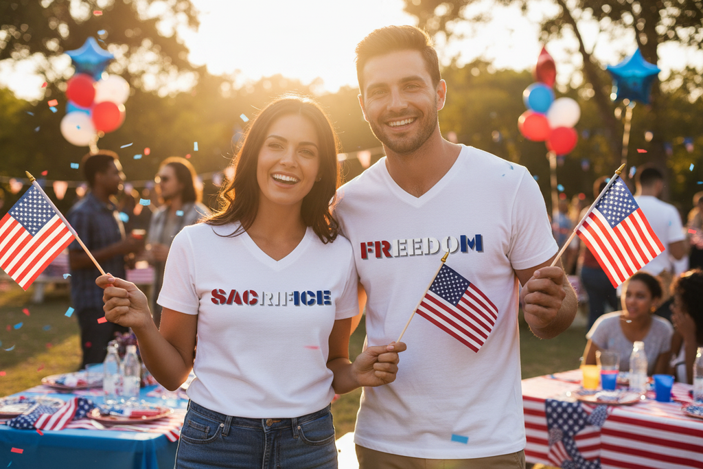 Pareja patriótica con Freedom Relaxed V-Neck Tee