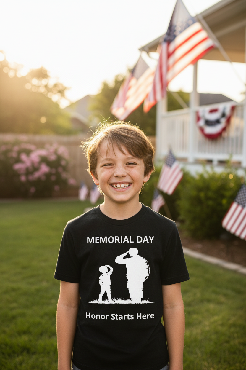American boy wearing Freedom Everyday Tee outdoors