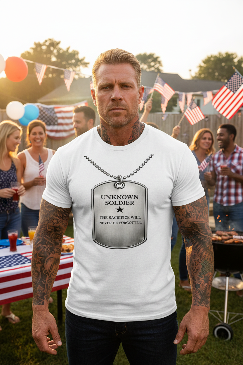 Proud patriotic American man wearing Honor the Unknown Soldier Tee at 4th of July celebration