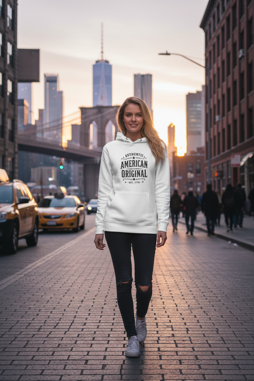 Modelo en Nueva York con American Original Hoodie
