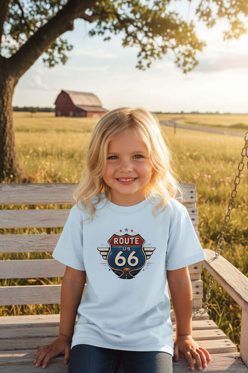 Modelo niña rubia con Route 66 Tee