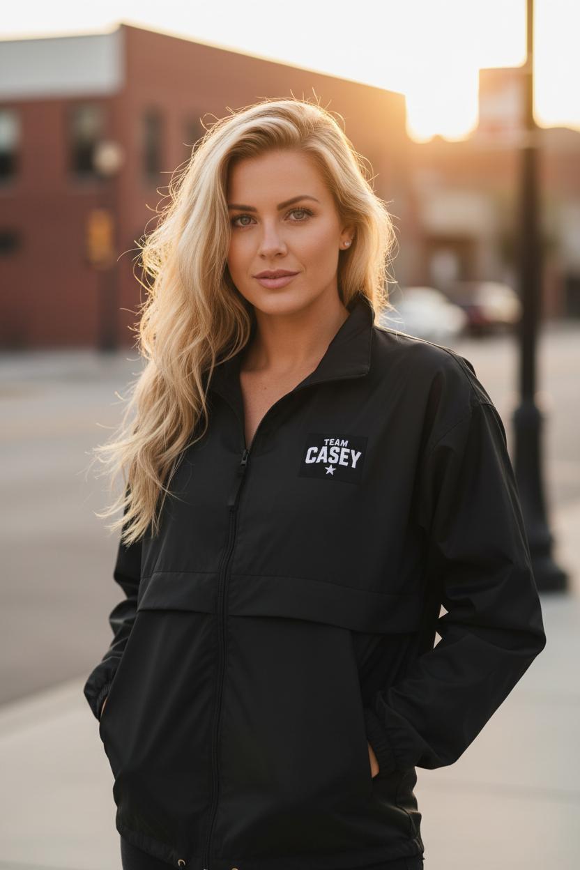 Modelo rubia con Team Casey Windbreaker