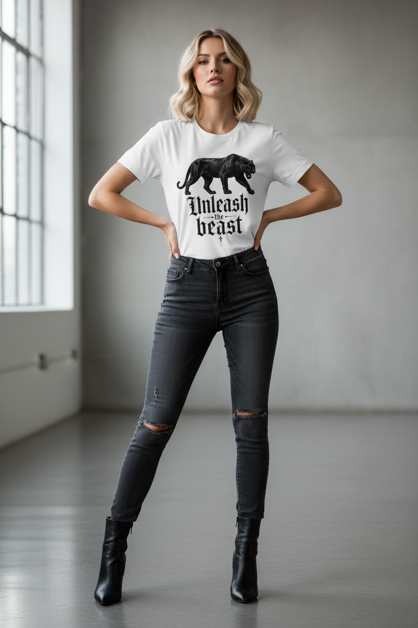 Modelo rubia con tu playera Unleash the Beast
