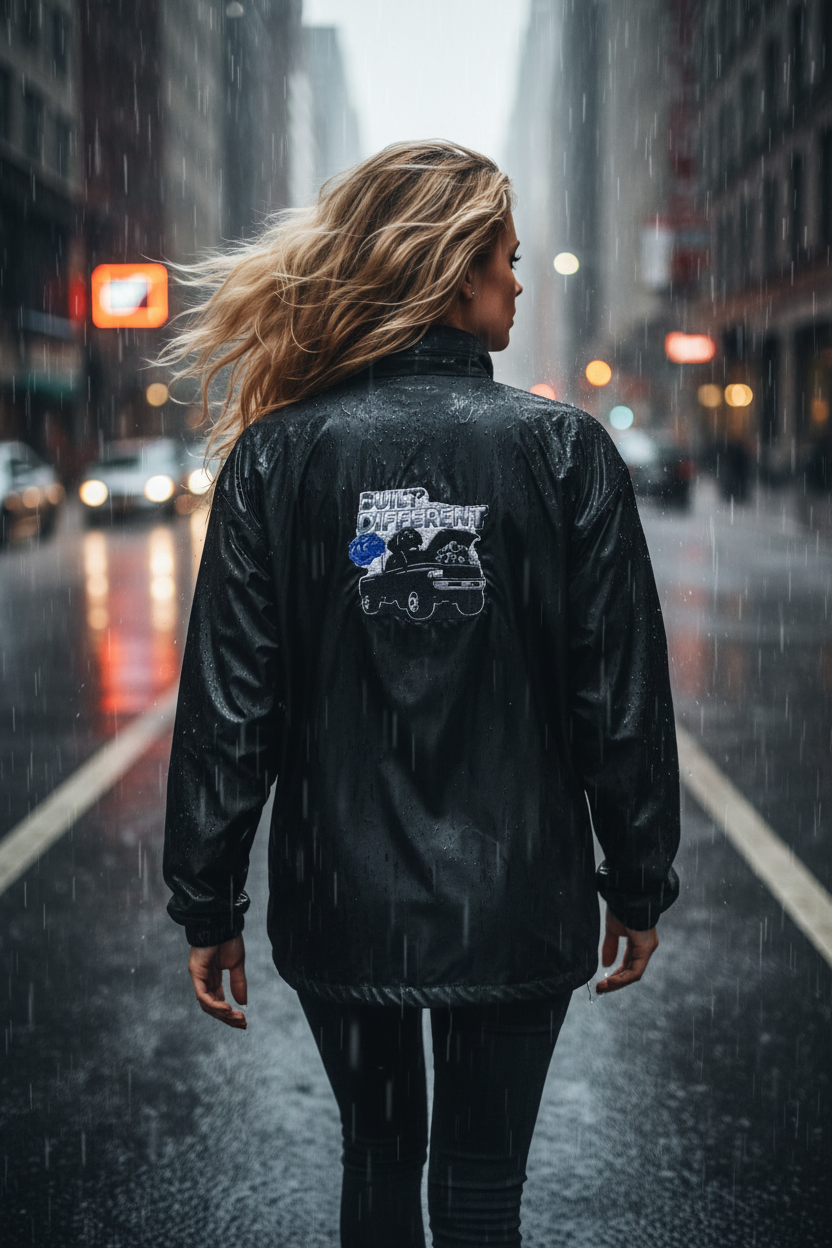 Modelo rubia de espaldas mostrando Built Different bajo la lluvia