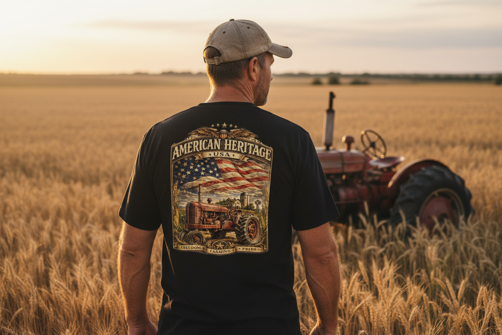 Modelo rural de espaldas con camiseta Heritage Agriculture